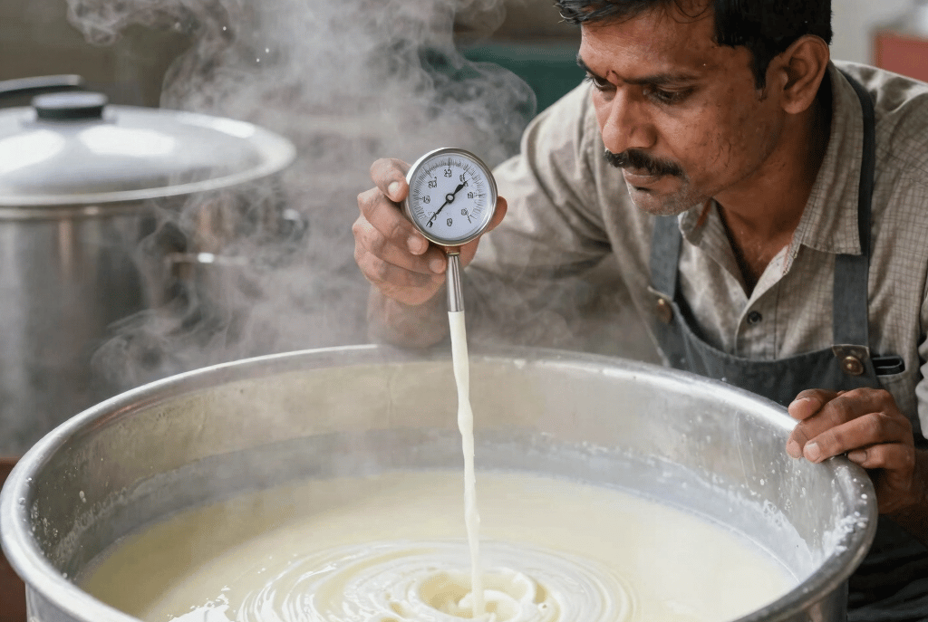 A dairy worker checks the temperature of steaming milk in a large stainless steel vat using a probe thermometer.