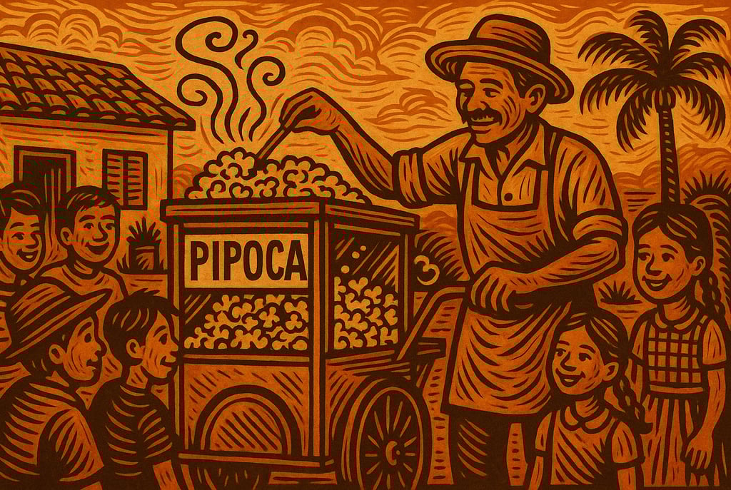 Carrinho de pipoca em rua brasileira, com cheiro no ar, crianças ao redor e clima de festa popular