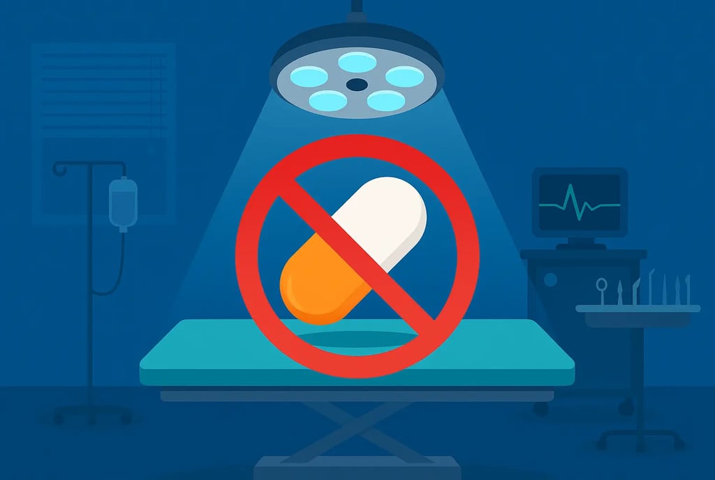 Operating room illustration with ibuprofen pill under surgical light crossed out with red sign.