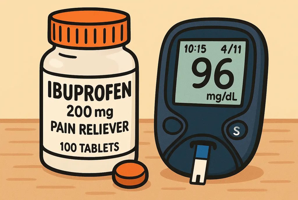 Cartoon ibuprofen bottle beside a glucose monitor reading 96 mg/dL.