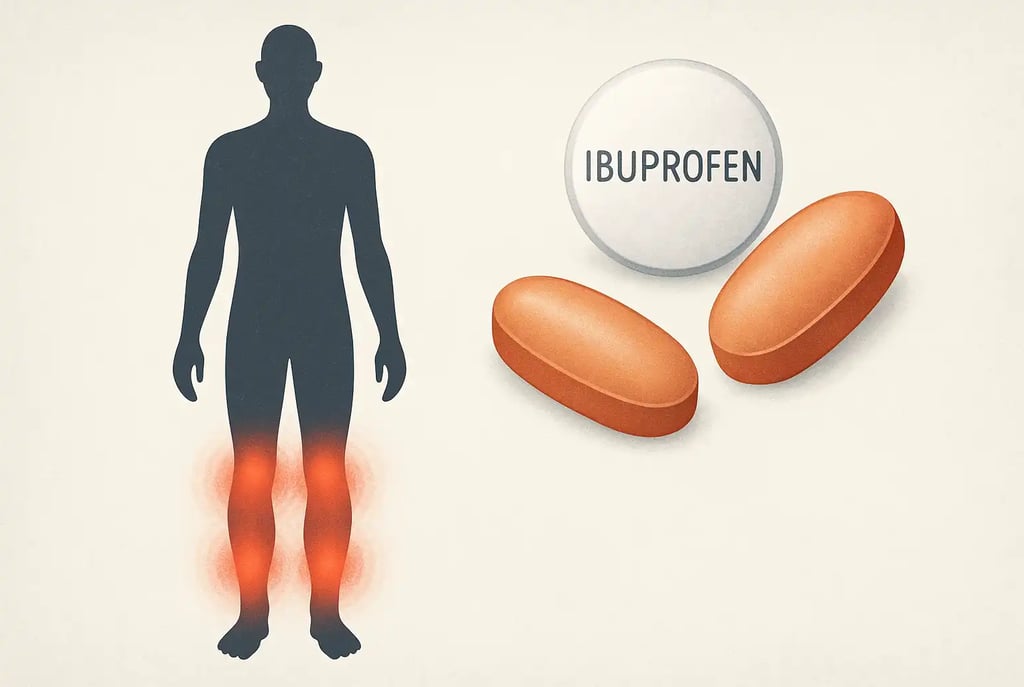 Human silhouette with highlighted swelling in legs and feet next to ibuprofen pills