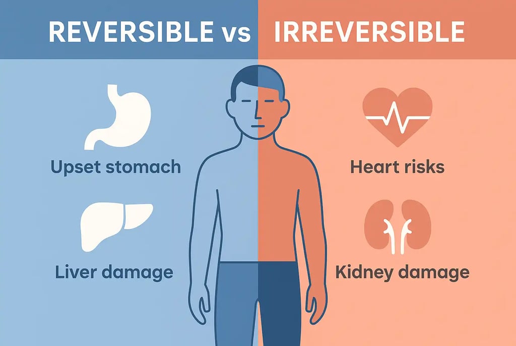 Split body illustration showing reversible vs irreversible ibuprofen side effects by organ and symptom