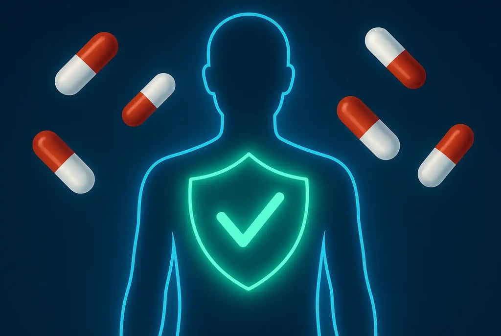 Human silhouette with a glowing shield over the chest symbolizing immunity, surrounded by floating ibuprofen capsules.
