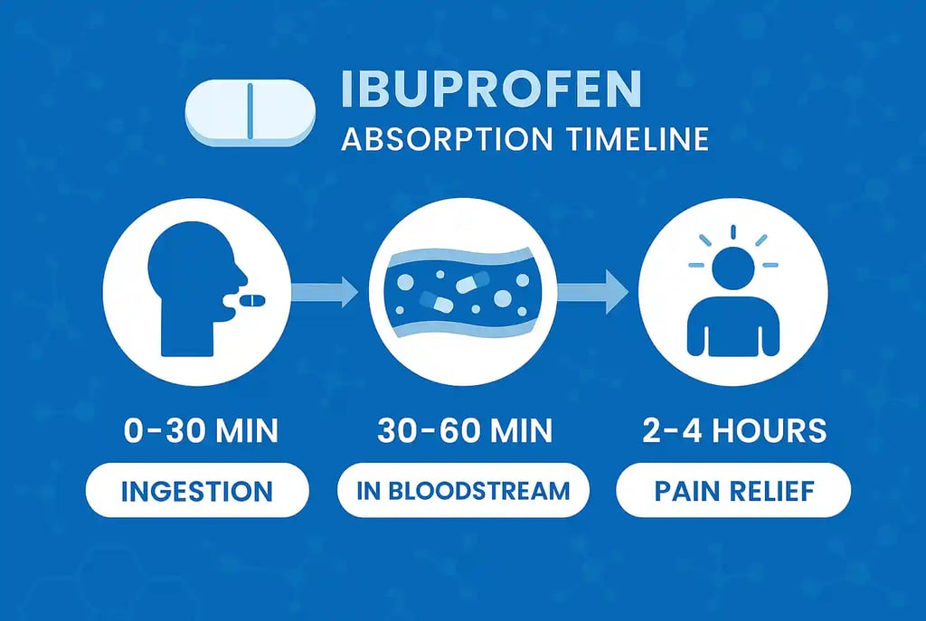 Infographic showing how ibuprofen is absorbed into the body, including stomach, bloodstream, and time-to-effect visuals