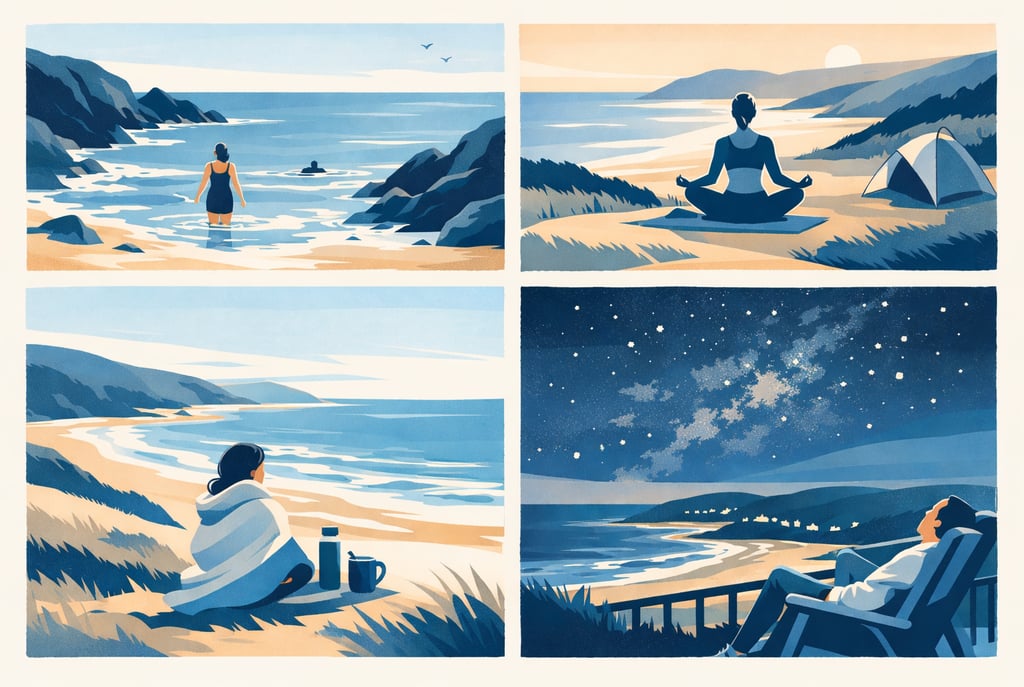 Minimalist illustrations of coastal wellness activities in North Devon across sea, land and night.