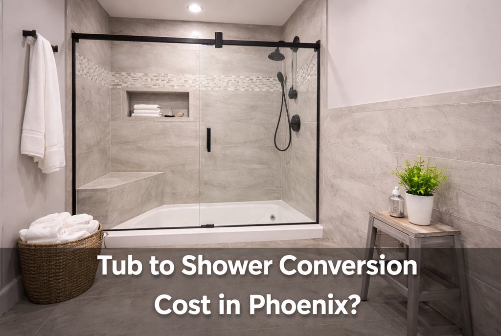 Modern tub to shower conversion in Phoenix featuring grey tile and a black framed sliding glass door.