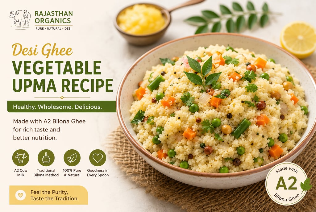 A bowl of vegetable upma made with Rajasthan Organics A2 Bilona Desi Ghee and mixed vegetables.