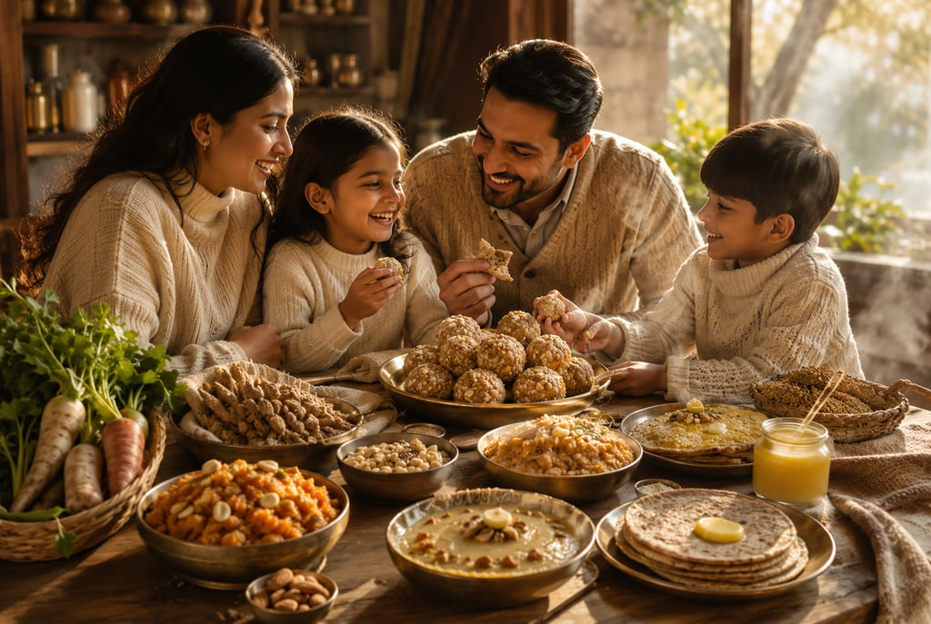 Happy family enjoying traditional winter foods such as gond laddoo, bajra roti, halwa, dry fruits, a
