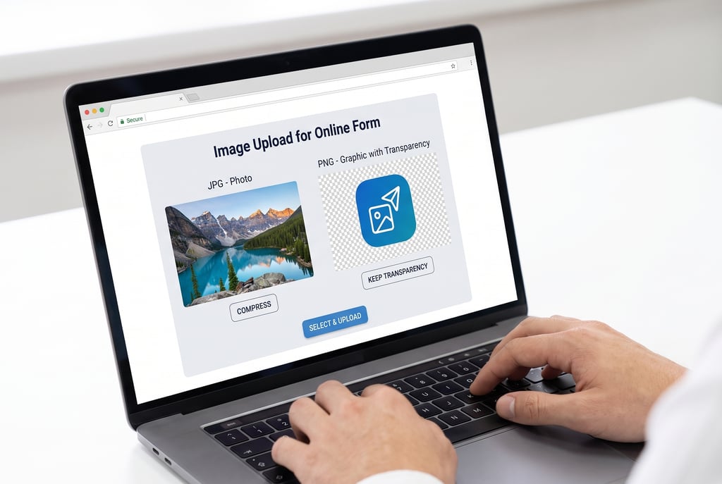 Person comparing JPG and PNG image formats before uploading a photo to an online form.