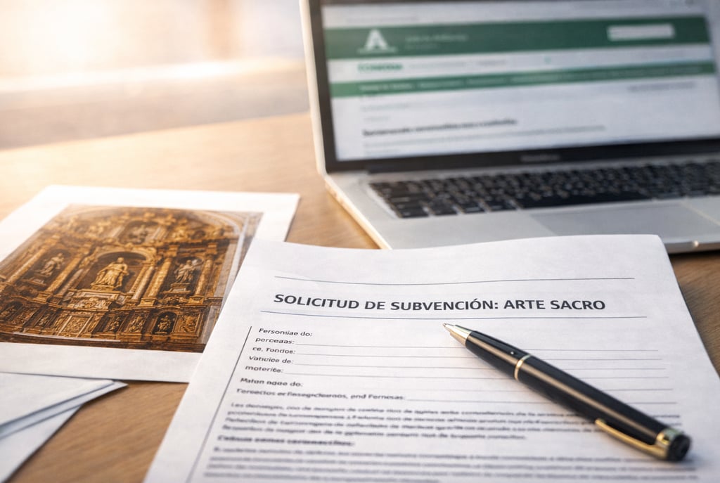 Formulario de solicitud de subvención para Arte Sacro en Andalucía sobre una mesa, con un ordenador 