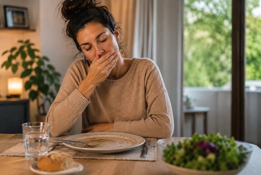 Femme fatiguée après son repas, assise à table devant une assiette vide dans un intérieur chaleureux
