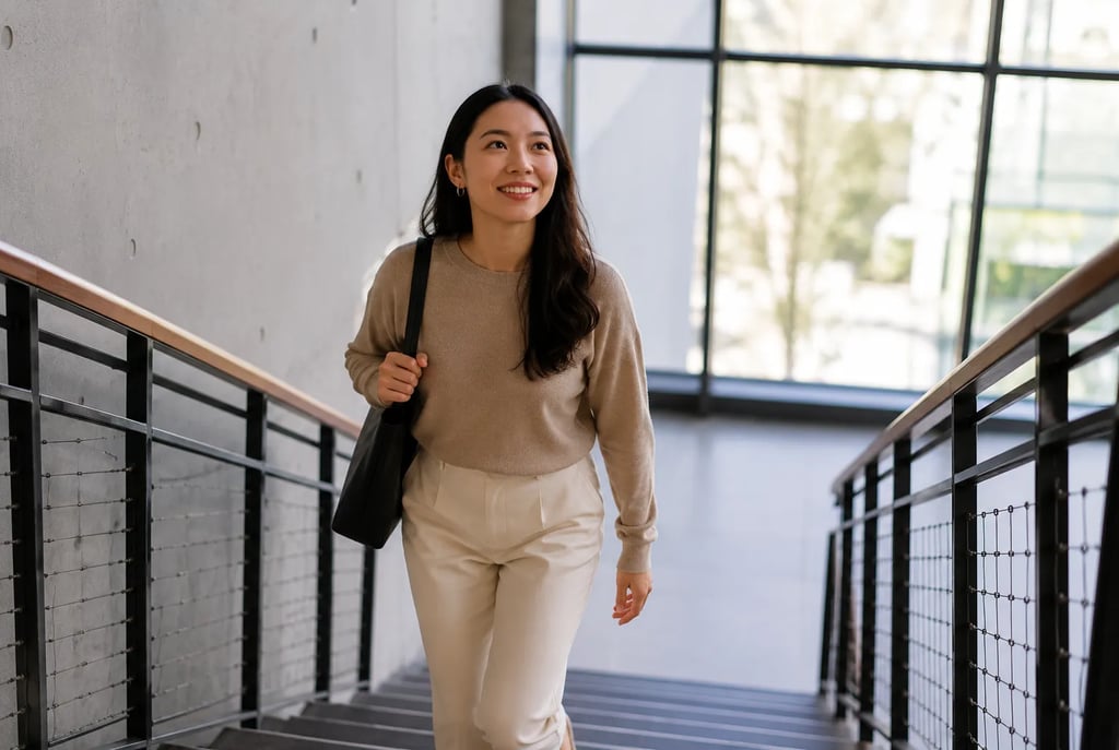 Femme souriante montant un escalier intérieur avec un sac à l’épaule.