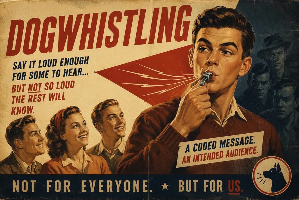 Vintage propaganda poster explaining dog whistling as a coded message for an intended audience.