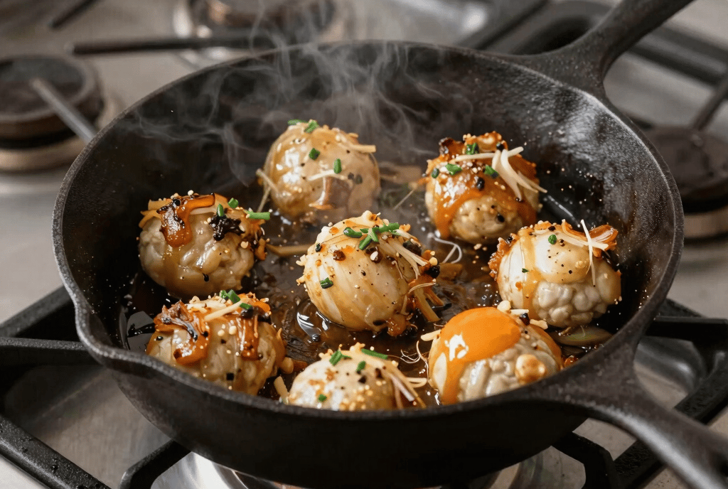 black and orange frying pan on black wooden table