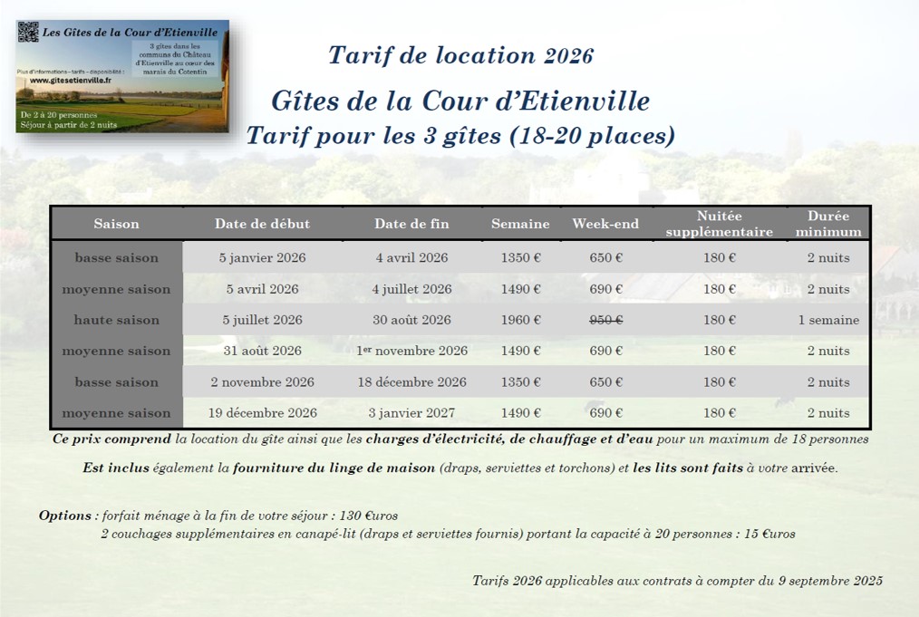 Tarifs Gîtes de la cour d'Etienville 2026 marais du Cotentin