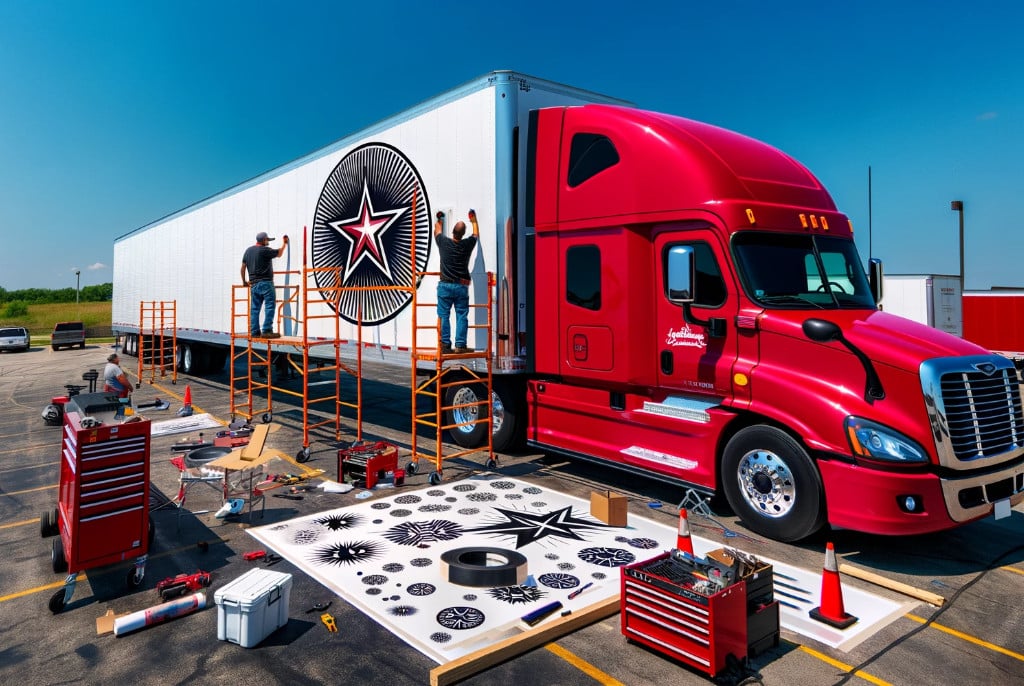 a semi truck with a custom logo on it