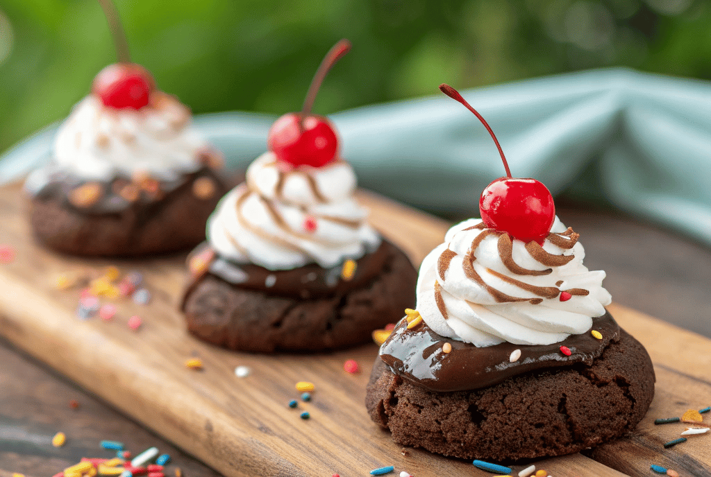 freshly baked brownie sundae cookies topped with vanilla mousse and fudge drizzle