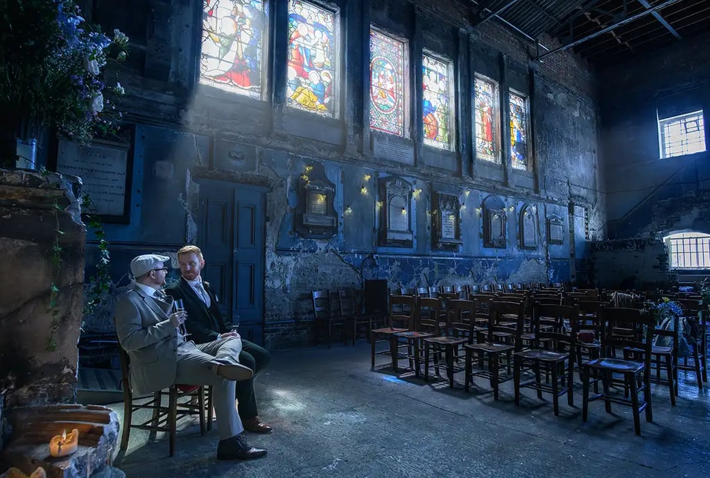 same-sex couple taking a moment to relax after their wedding at The Asylum Chapel Peckham