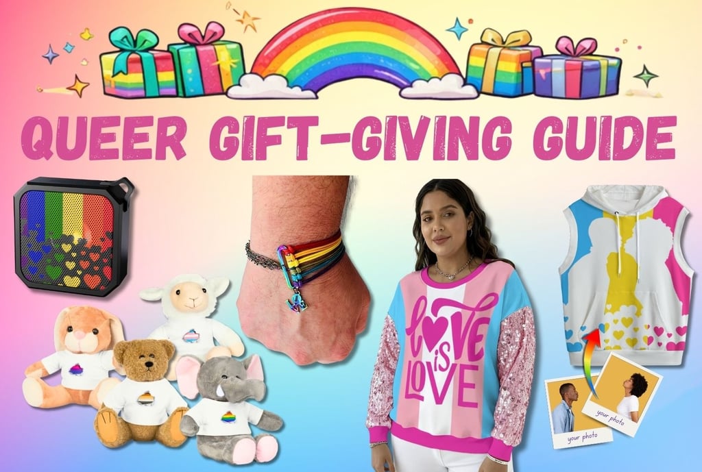Queer gift-giving guide image with rainbow Pride gifts and LGBTQIA+ fashion.