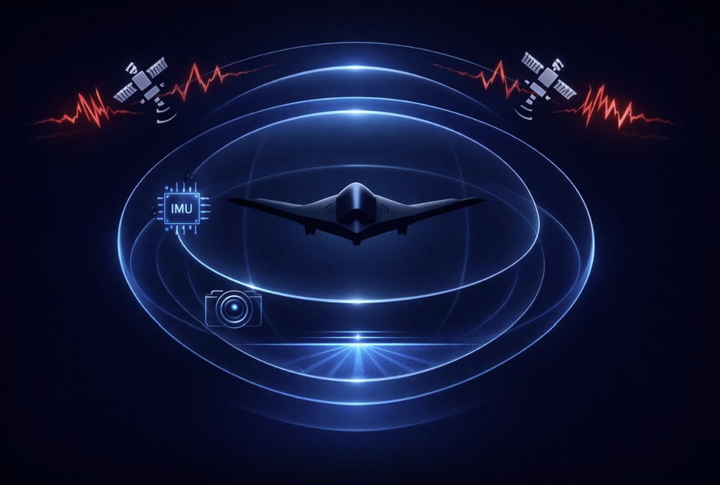 A stealth drone surrounded by blue digital signal rings illustrating electronic warfare and GPS jamming.