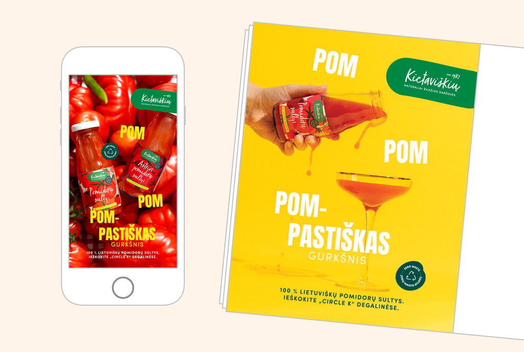 Kietaviškių pomidorų sulčių reklaminis maketas su tipografija „POM-PASTIŠKAS"