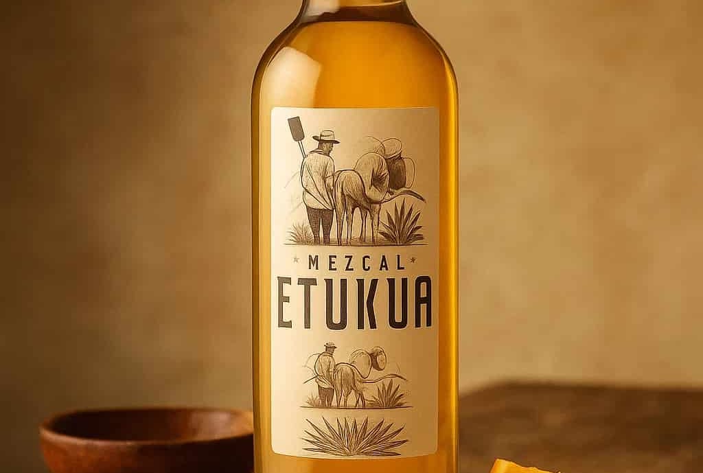 Botella de mezcal artesanal Etukua con una etiqueta de 'Oferta Exclusiva' sobre una mesa de madera r