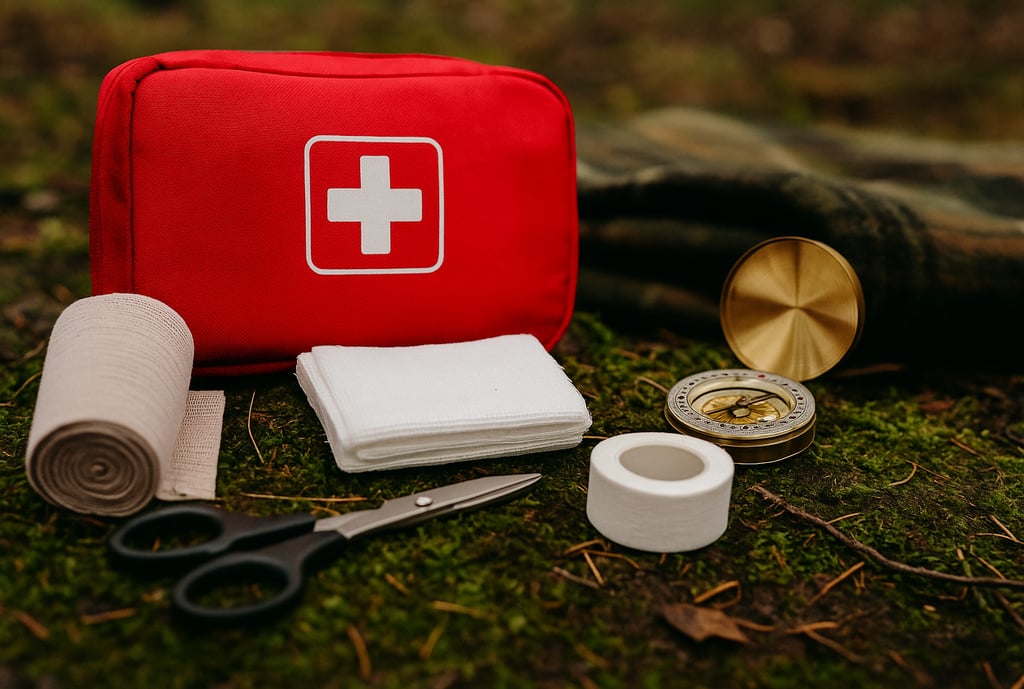Wilderness first aid kit with medical supplies on forest floor, showing essential gear for outdoor emergencies
