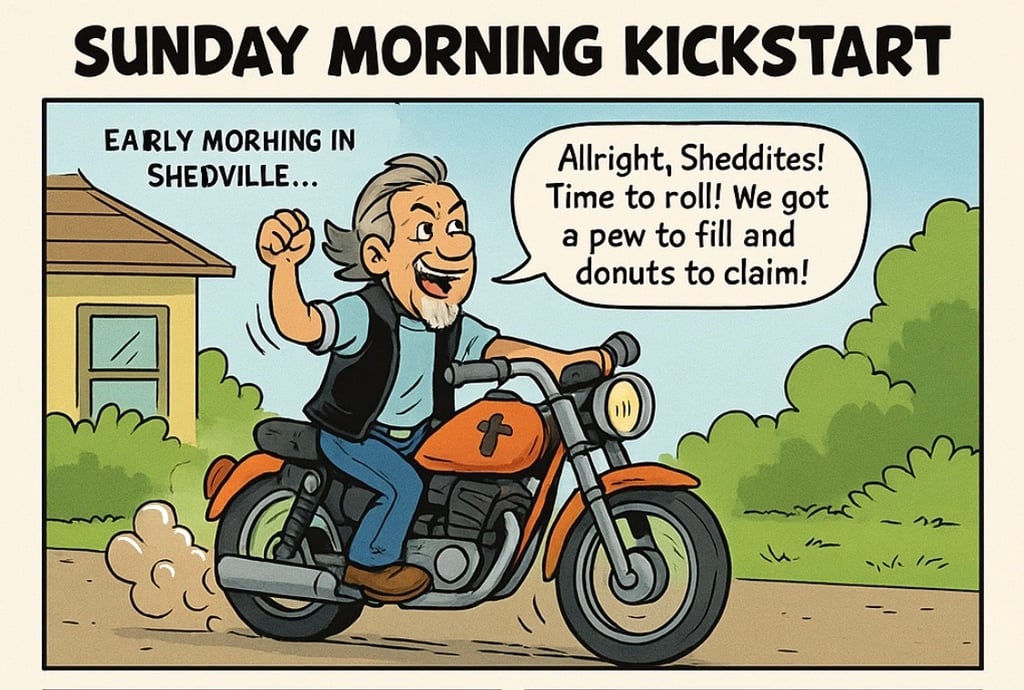 Cartoon biker pastor rallies sleepy bikers to wake up for church.