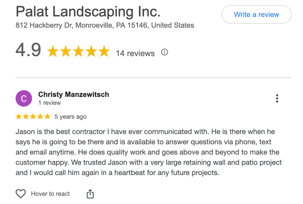 Customers google review