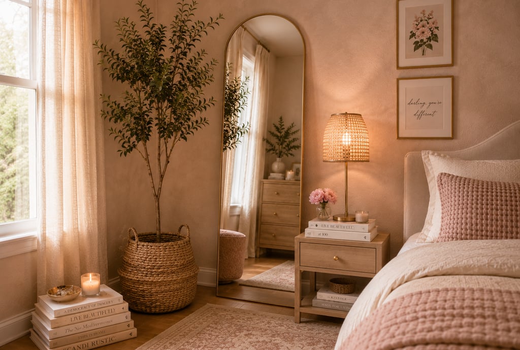 feminine bedroom corner vignette with tall plant floor mirror and rattan lamp