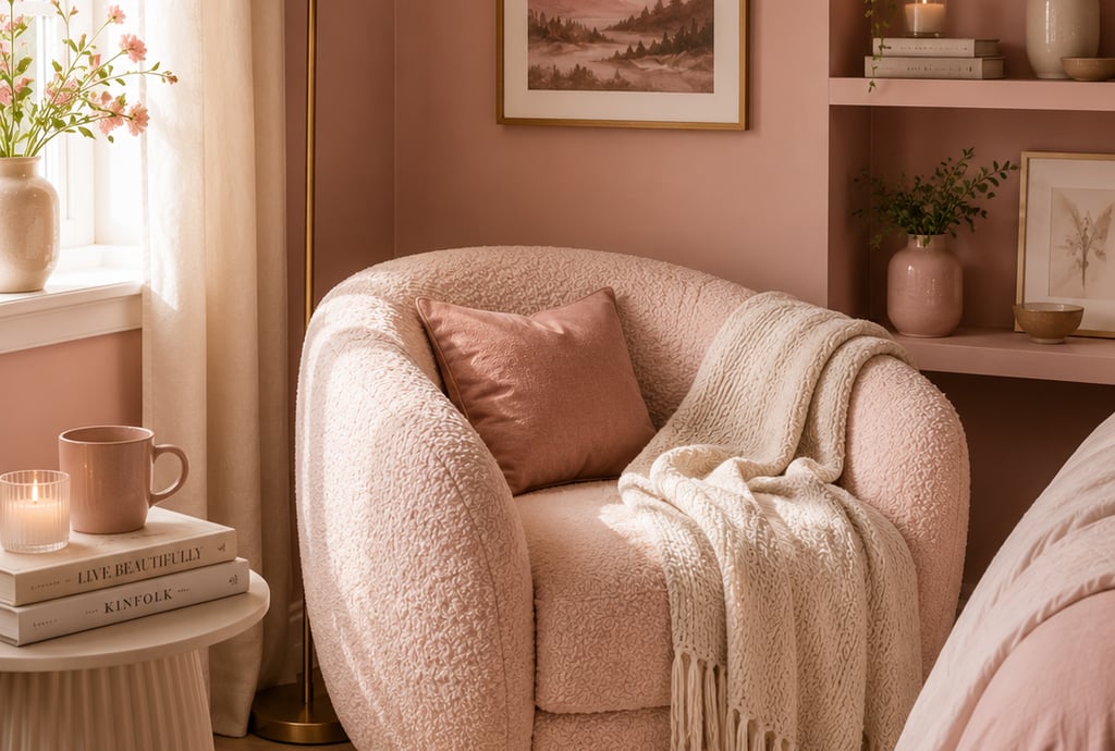 pink bedroom reading corner ideas with bouclé chair and warm floor lamp