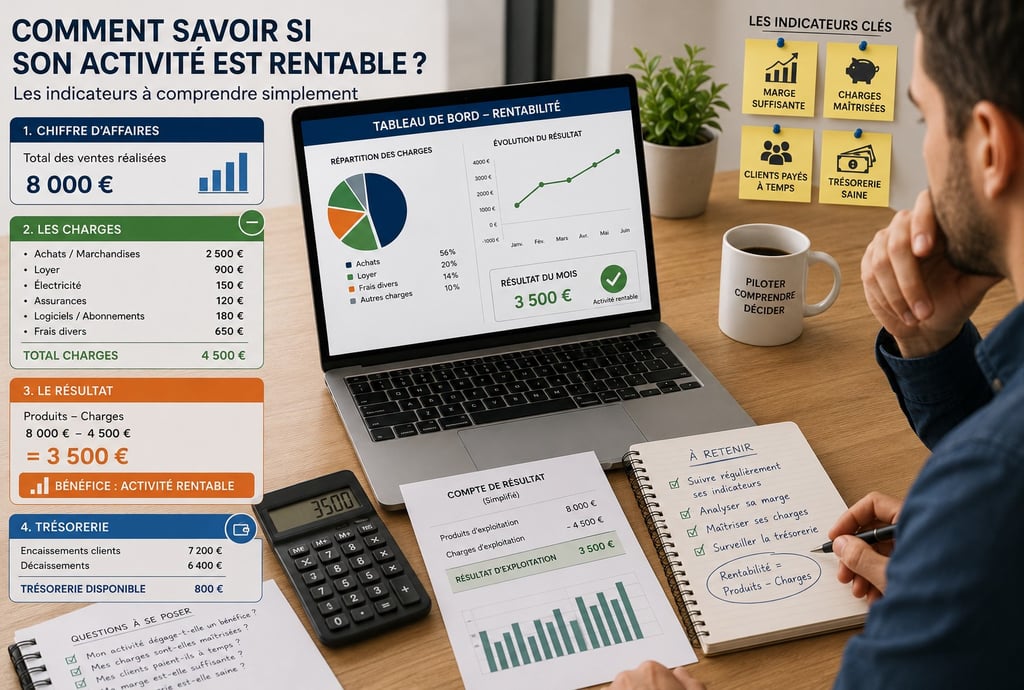 Entrepreneur analysant la rentabilité de son entreprise avec graphiques financiers et calculs compta