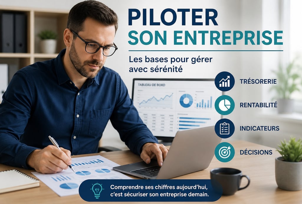Entrepreneur analysant des indicateurs financiers et des graphiques pour piloter son entreprise sere