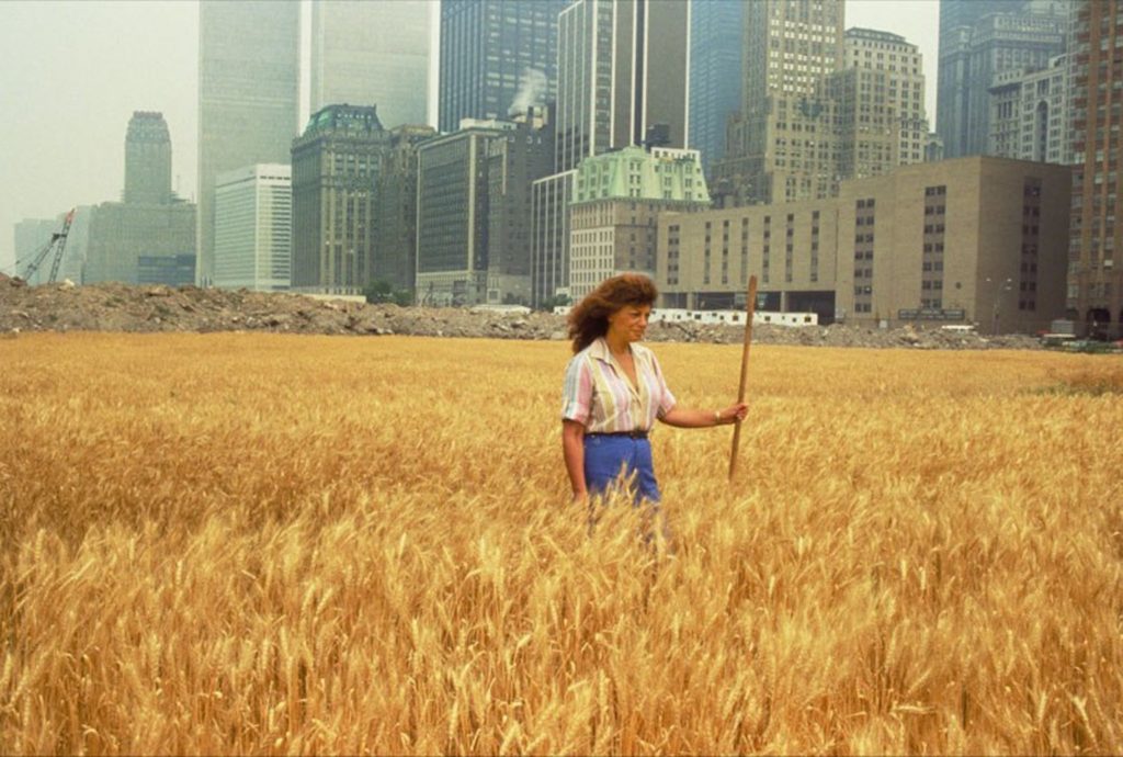 No cenário internacional, artistas como Agnes Denes — criadora de “Wheatfield