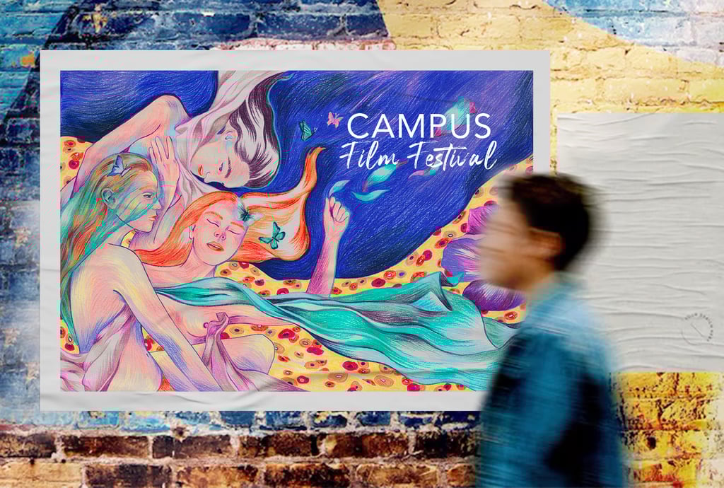 a woman walking past a poster of a woman with a painting of a woman