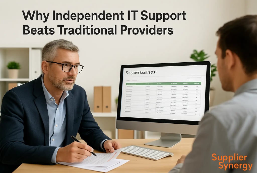 Independent IT consultant meeting with a small business manager in a modern office, discussing supplier contracts on screen,