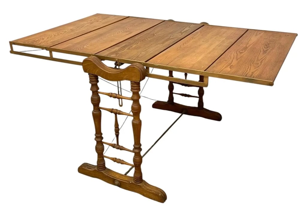 Transforming dining table turns into convertible,antique bookcase