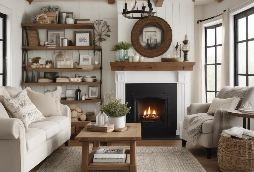 a farmhouse-inspired living room with a fireplace and a fireplace