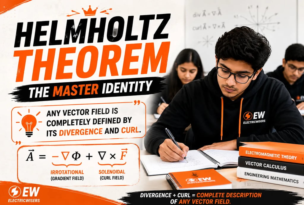 Helmholtz Theorem infographic explaining divergence, curl, solenoidal and irrotational vector fields