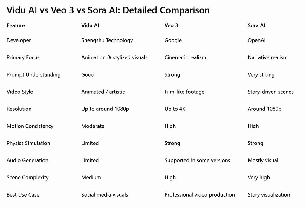 Vidu AI vs Veo 3 vs Sora AI: Detailed Comparison