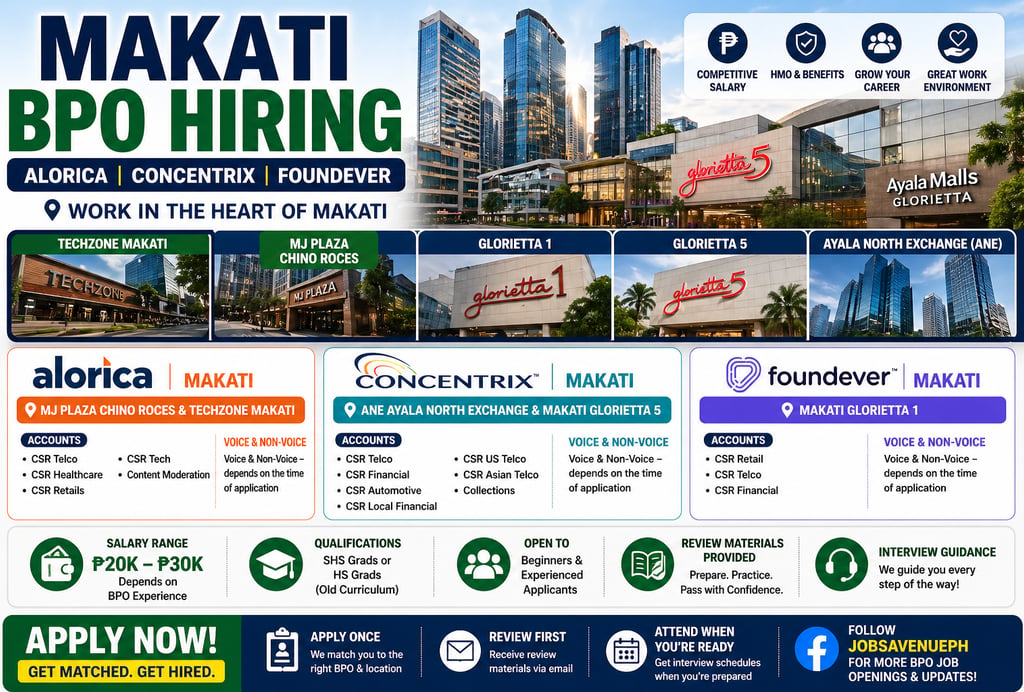 BPO Assessment BPO Practice Makati City Makati Ayala Alorica Assessment Concentrix Address Foundever