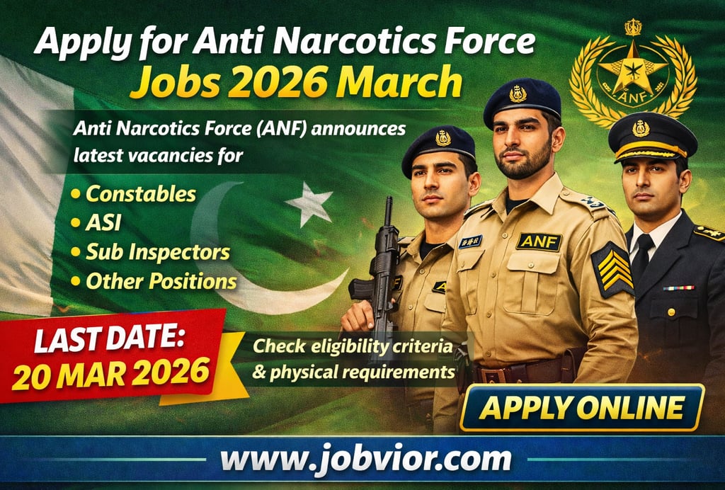 Anti Narcotics Force Jobs 2026 March advertisement showing vacancies for Sub Inspectors, ASI, Consta