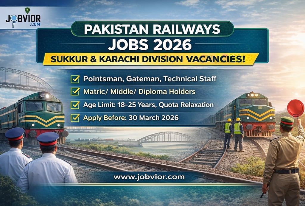Blog banner image for Pakistan Railways Jobs 2026 showing green locomotives on railway tracks with m