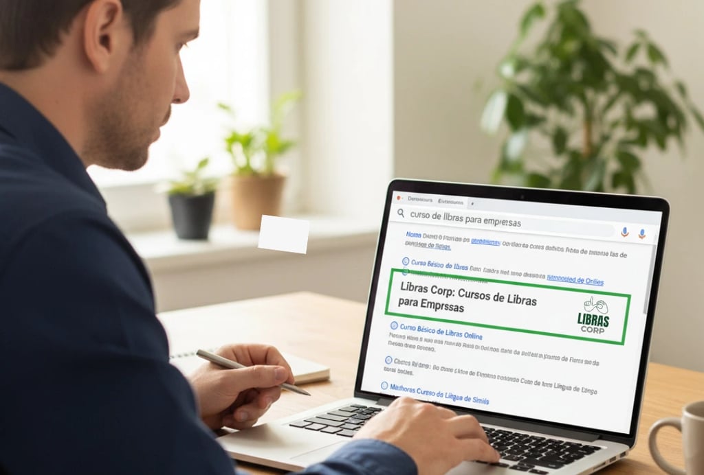 Alt= Homem usando notebook pesquisando por curso de libras para empresas