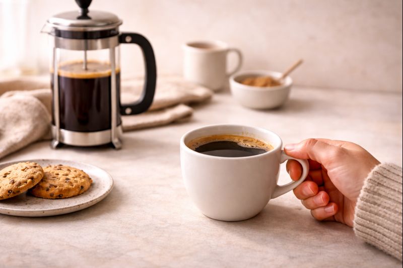 Pessoa desfrutando café preparado em prensa francesa em ambiente aconchegante