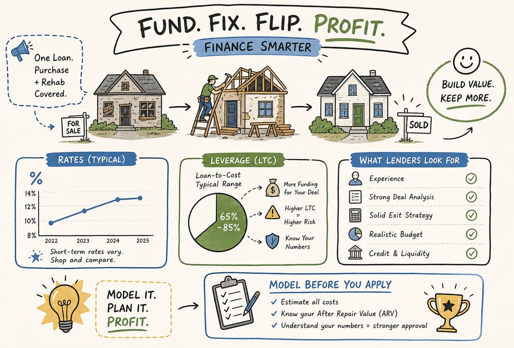 Infographic showing the real estate house flipping process from funding and rehab to profit.