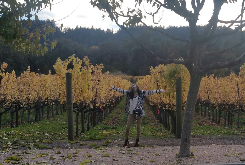 Photograph of Rebecca with hands in the air and a scenic vineyard background.