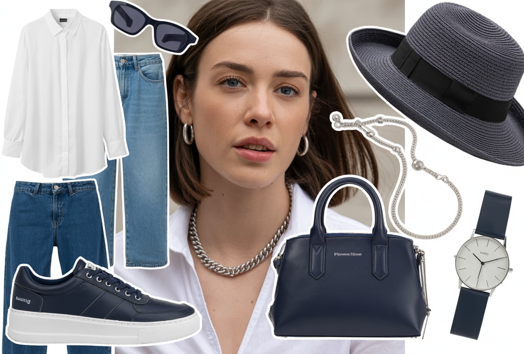 Chic casual outfit collage featuring blue jeans, white shirt, navy sneakers, handbag, and stylish accessories.