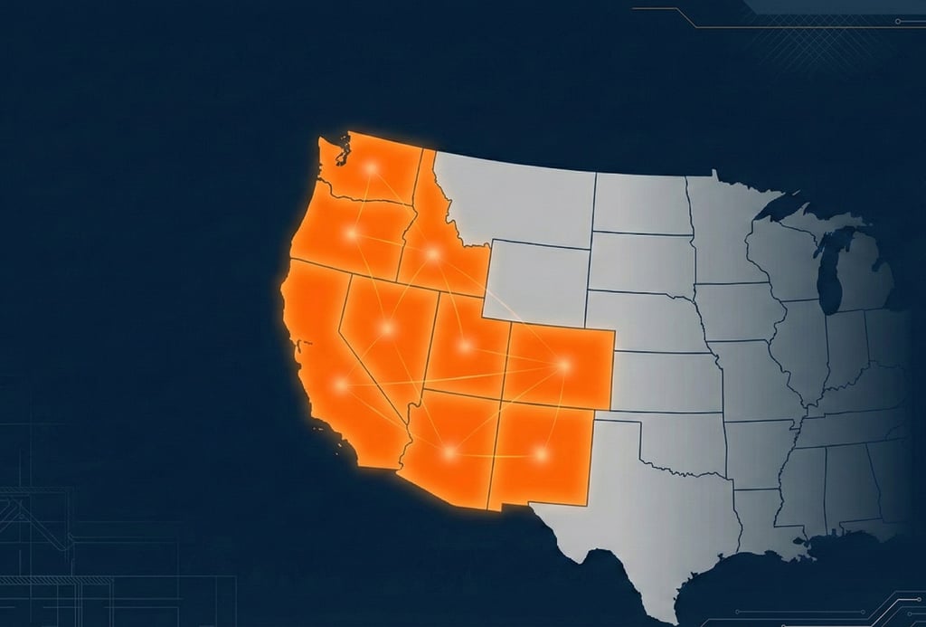 An orange-highlighted map of the Western United States set against a dark blue, technical-style background.
