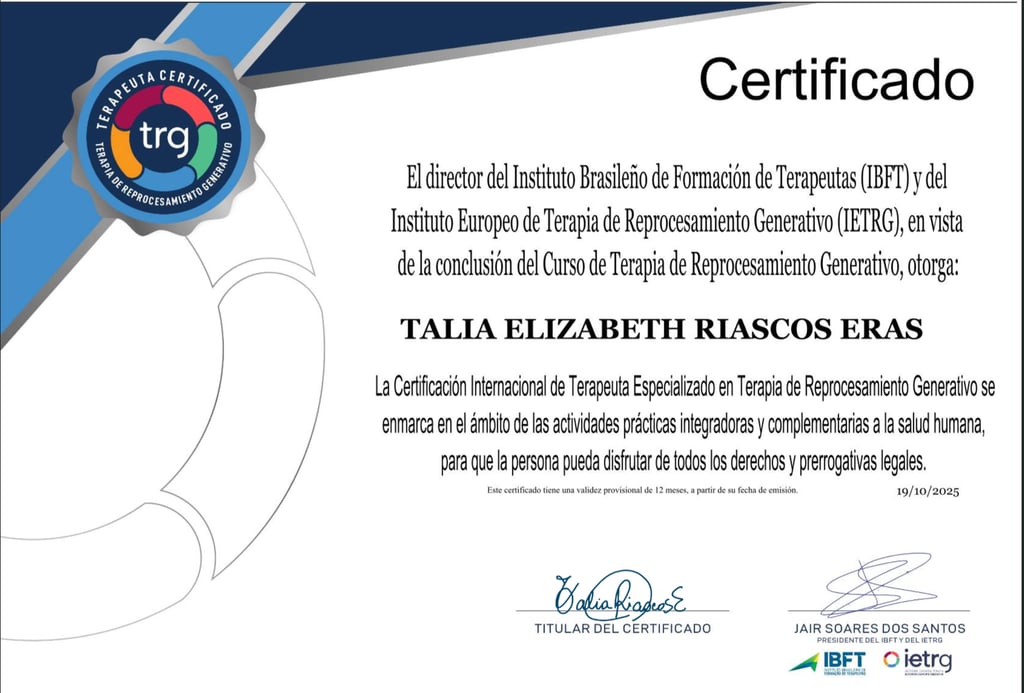 Se ha otorgado la certificación oficial de terapeuta TRG a Talia Elizabeth Riascos Eras